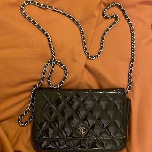 CHANEL Black Quilted Patent Leather Flap Shoulder Wallet On Chain WOC Bag